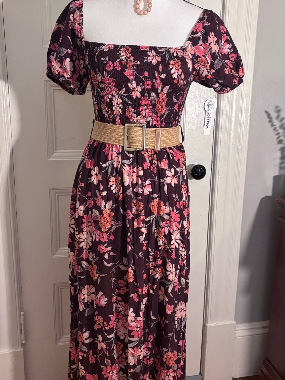 Wallflower Pink Floral Square-Neck Maxi Dress on Dark Plum